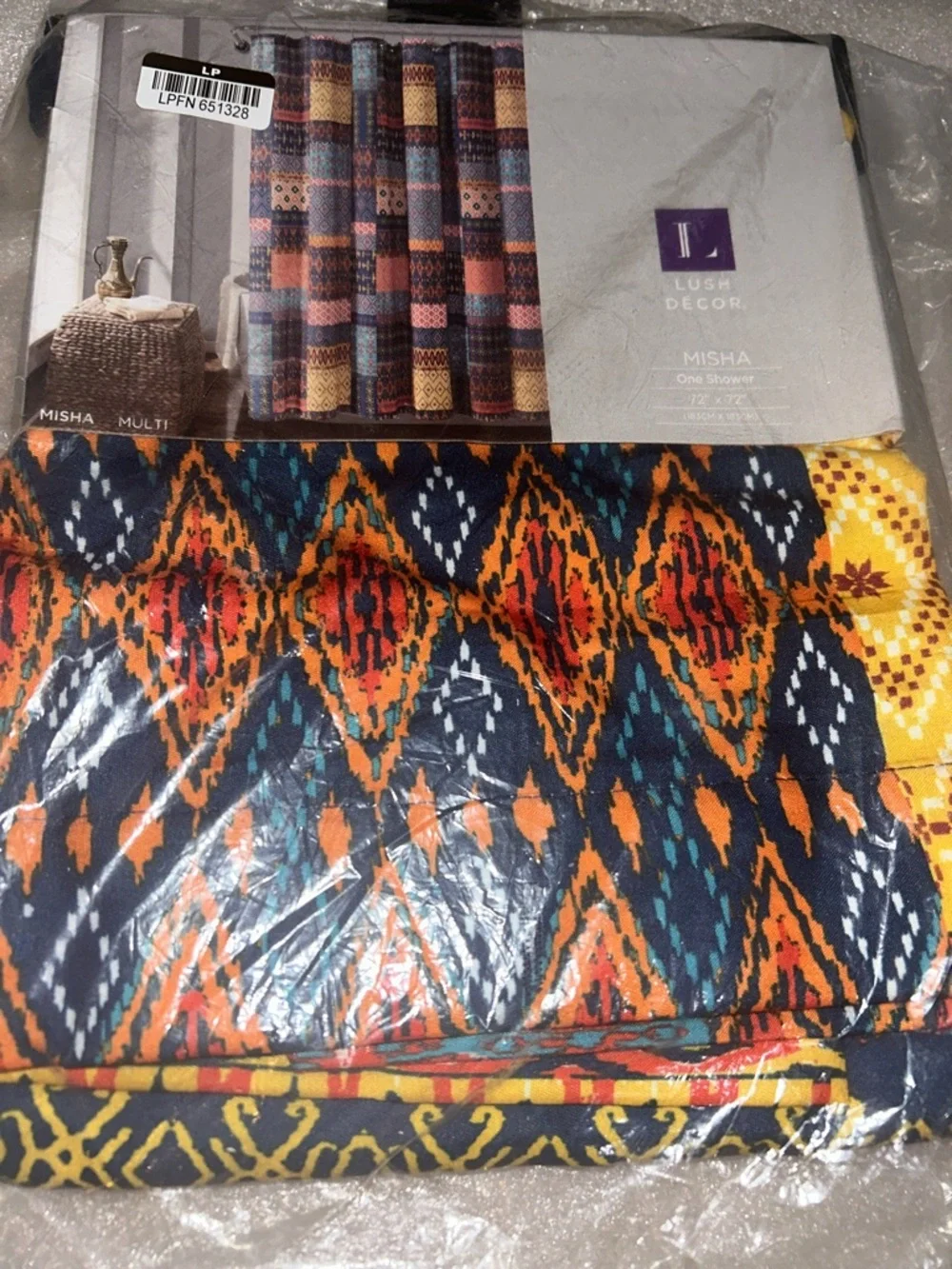 Multicolor Misha Patchwork Shower Curtain - Blue, Orange & Yellow. 72” x 72”